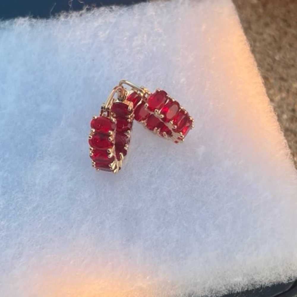 925/18K gold plated ruby oval cut inside out hoop earrings with swarovski #123 - Picture 4 of 13